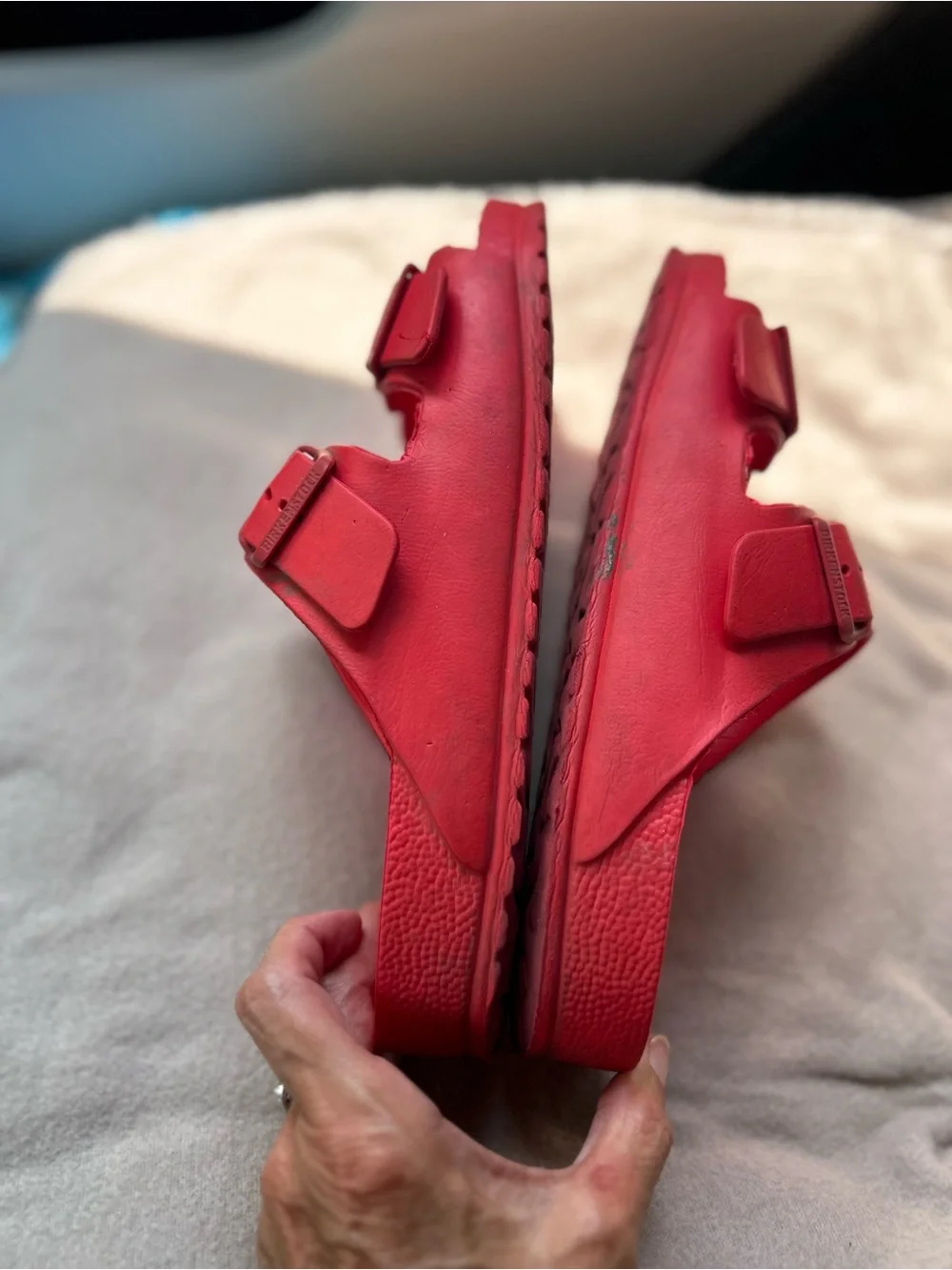 Mens Birkenstock Arizona EVA is Red Dual-Buckle Slide Sandals size 9 / ladies 11